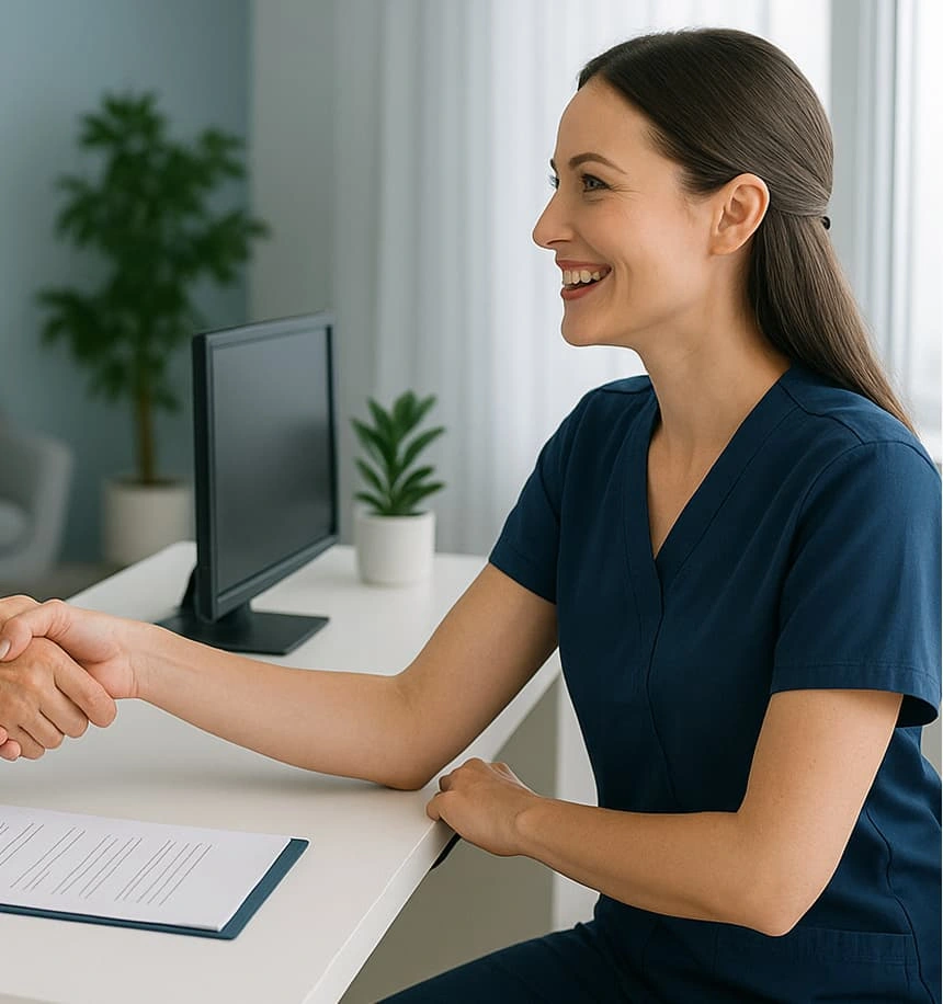 Friendly dental professional shaking hands with a patient during a consultation in a modern dental clinic, representing compassionate dental care and patient trust.
