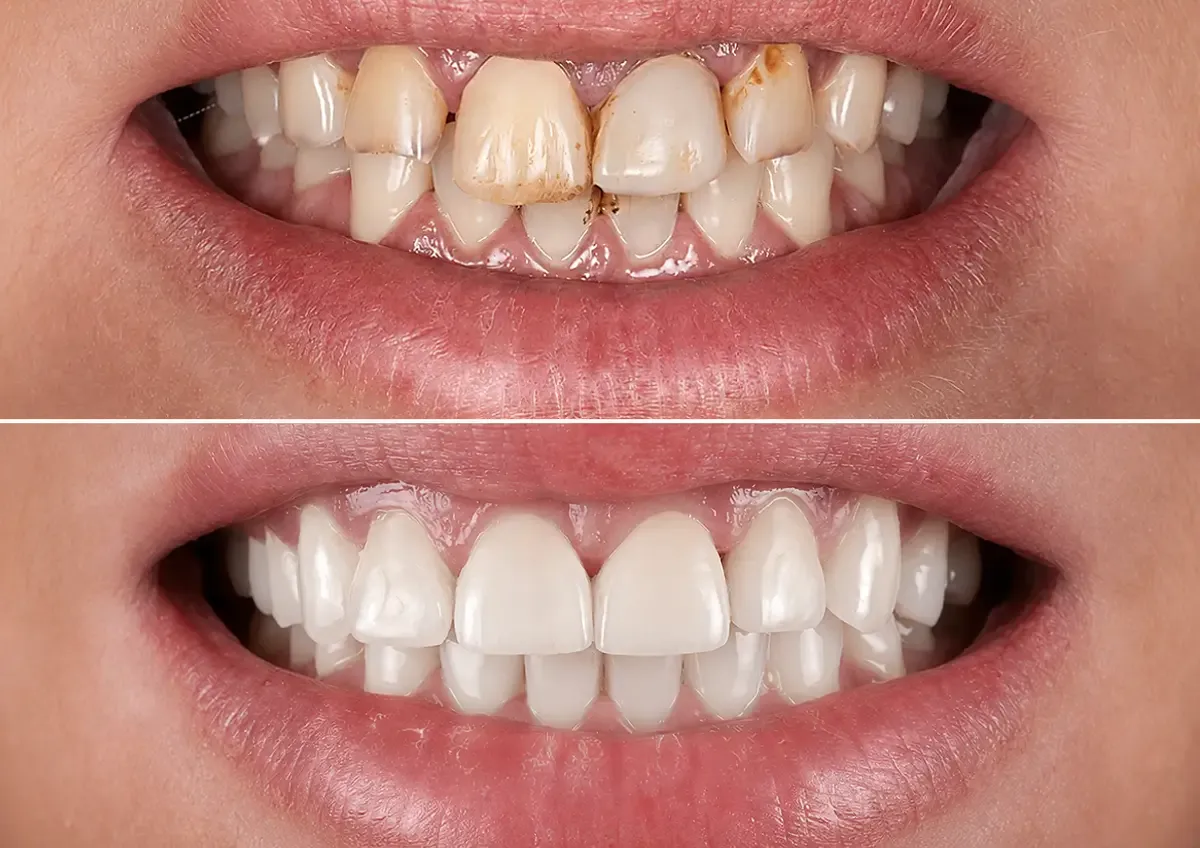 Before-and-after comparison of a smile with stained front teeth and brighter front teeth.
