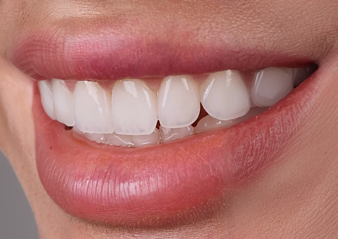 Close-up of a person smiling showing white upper teeth.