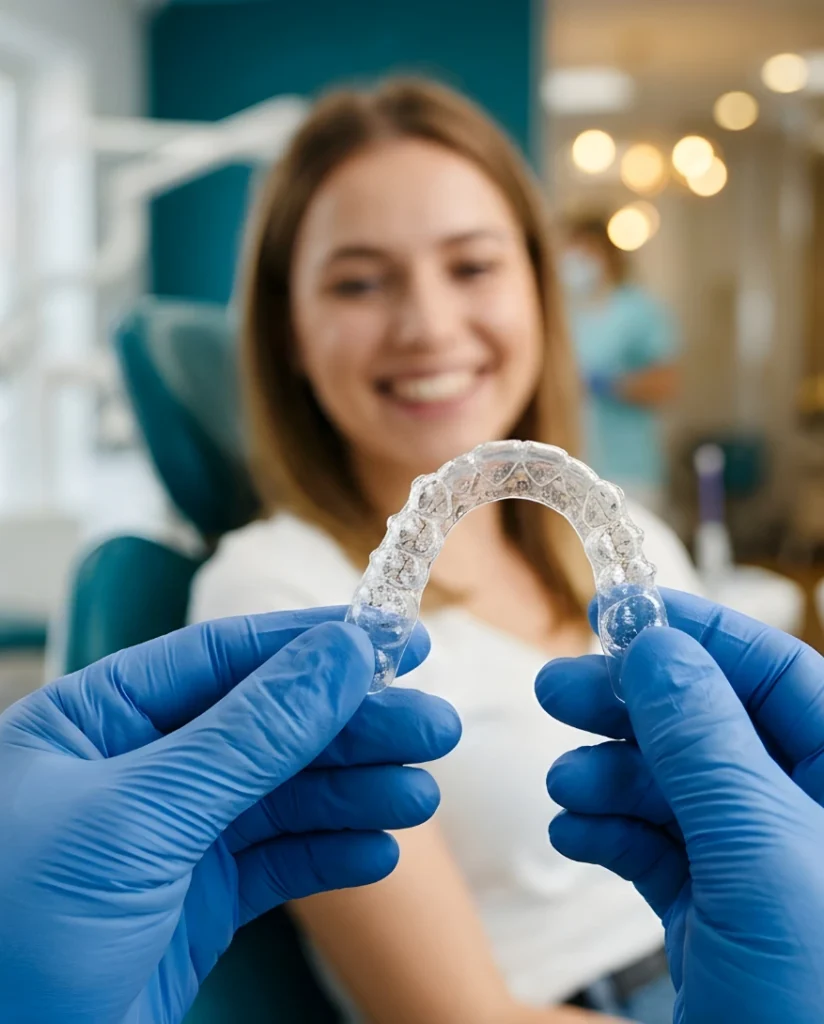 Dentist holding clear aligners during an orthodontic consultation while a smiling patient looks on, highlighting discreet teeth straightening treatment.