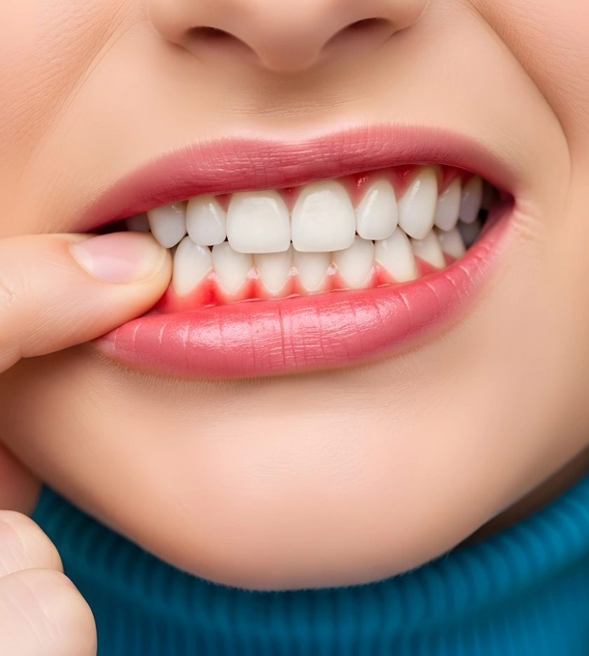 Close-up of swollen, red gums around the teeth, highlighting the signs of gum disease and the importance of early periodontal treatment.